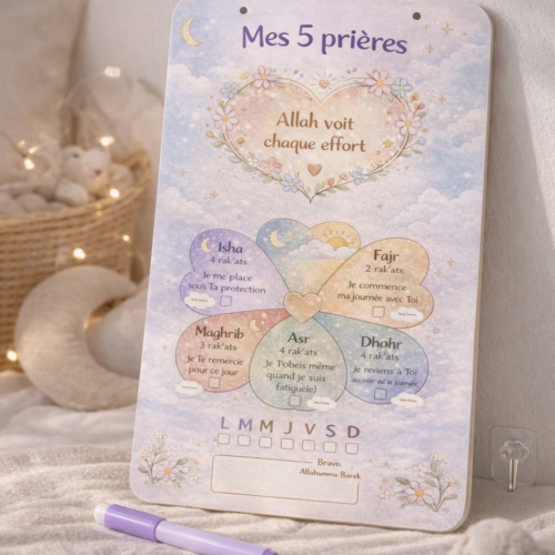Mes 5 prières – Tableau de suivie de la salât - Effaçable et éducatif pour enfant